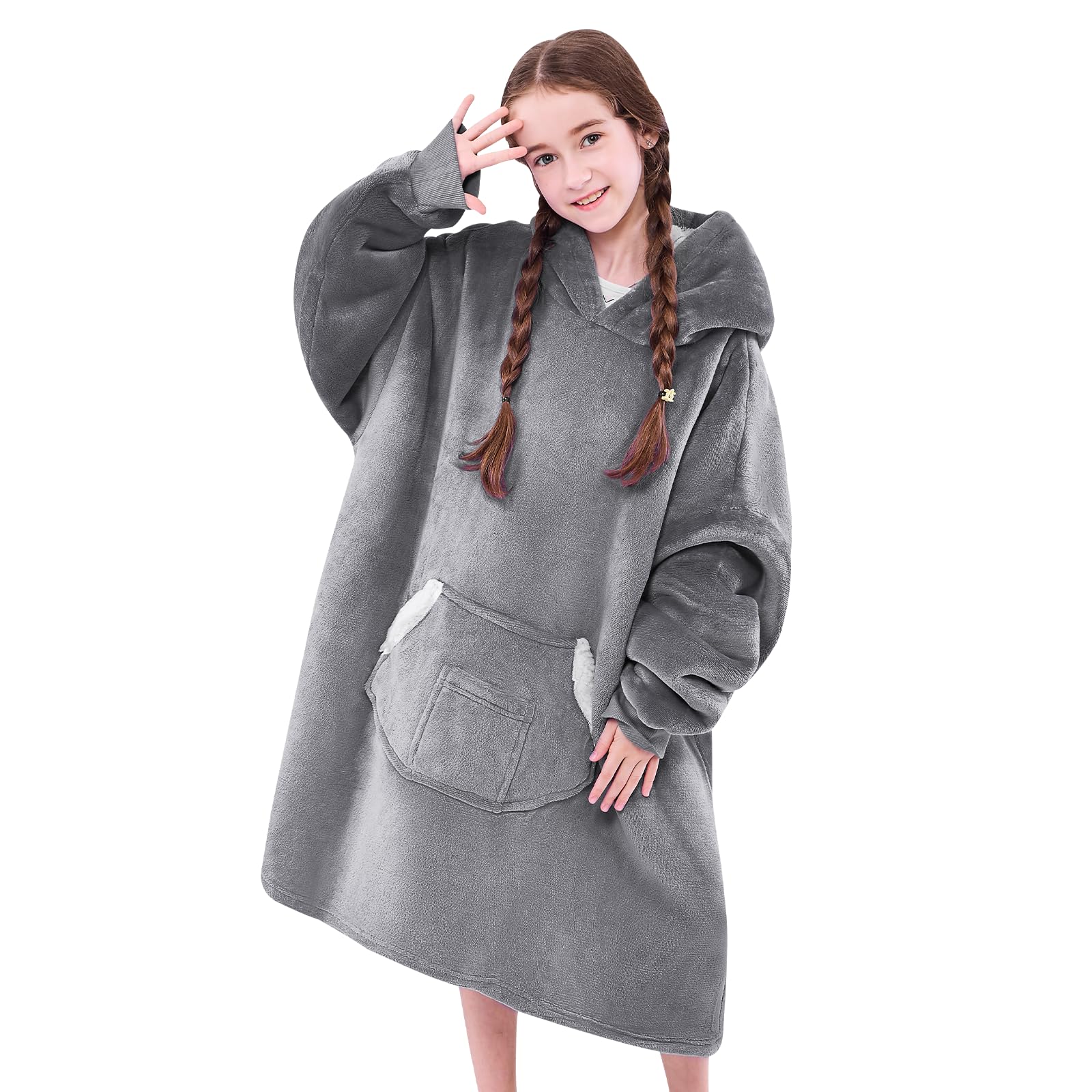 NORD ECO Wearable Blanket Hoodie for Kids, Blanket Hoodie For Kids With Hood And Pocket, Sherpa Oversized Cozy Blanket Sweatshirt As Gifts For Girls Boys Kids (Grey)