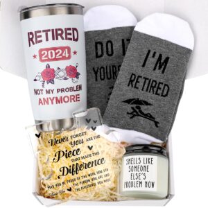 retirement gifts for women- retired 2024 not my problem anymore gift baskets happy retirement gifts for her female colleague leader boss teacher mom nurse friend coworker retirement tumbler set