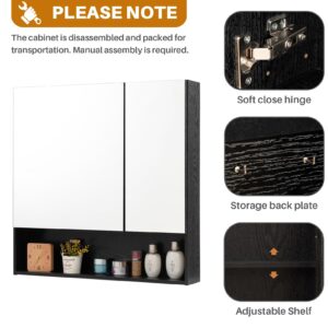 ALIMORDEN Medicine Cabinet with Mirror and Shelves, Bathroom Wall Cabinet with Jewelry Organizer, Vanity, Recessed or Surface Mount, 30.4" L x 29.5" H, Black