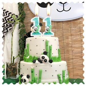 iNINGER Panda Happy Birthday Cake Topper Number 11 Candle Panda Bear Bamboo 11th Birthday Cake Decoration Jungle Animals Theme Party Birthday Supplies for Boys Girls Kids (11th Green)