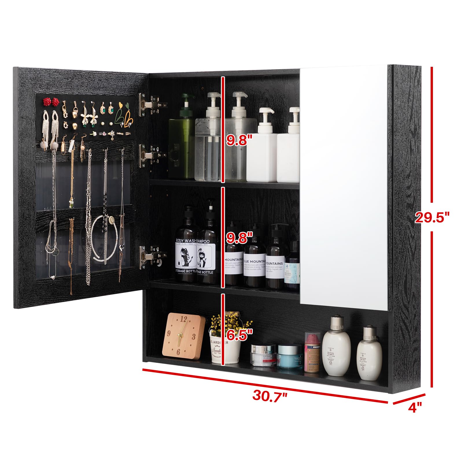 ALIMORDEN Medicine Cabinet with Mirror and Shelves, Bathroom Wall Cabinet with Jewelry Organizer, Vanity, Recessed or Surface Mount, 30.4" L x 29.5" H, Black