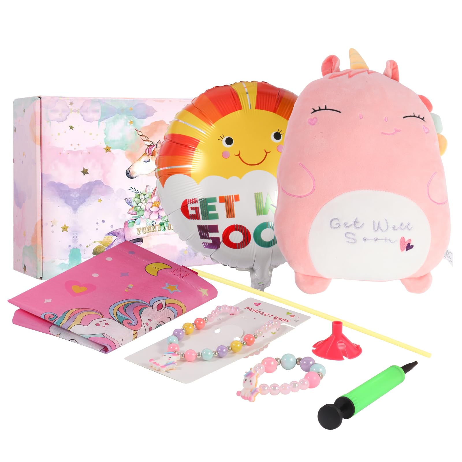 Get Well Soon Gift for Kids, Feel Better Gifts for Kids, Kids Get Well Baskets Care Package Box with Balloon, Necklace, Bracelet & Unicorn Plush Pillow, Get Well Gifts for Girls after Surgery