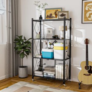 GARPROVM Foldable Storage Shelf Metal Rock Storage Shelving Units Organizer Shelves with Wheels Great for Home Garage Kitchen Bakers, Black (4 Tier)