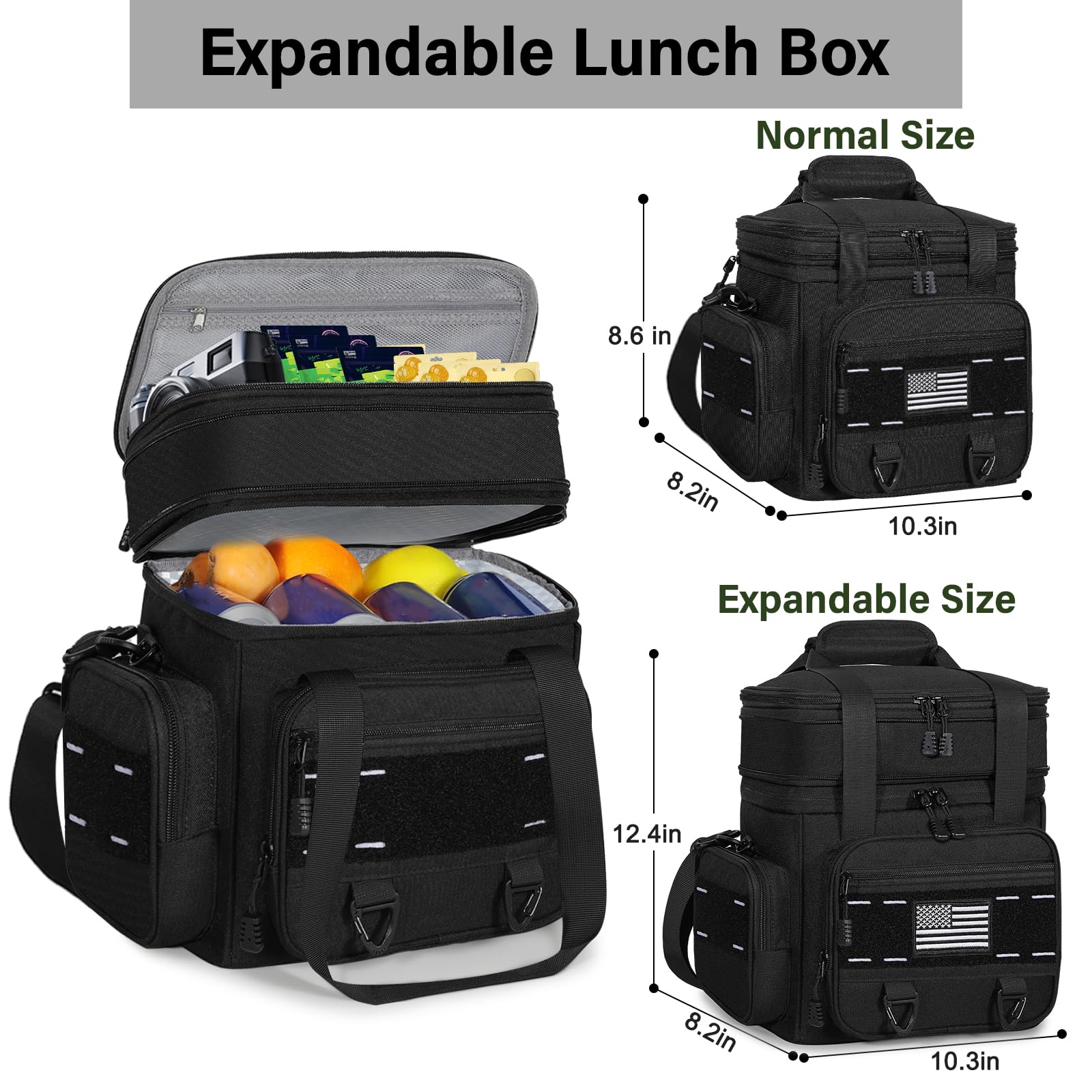 TENKIST Expandable Tactical Lunch Box, Large Insulated Lunch Cooler Bag Heavy Duty Leakproof Lunch Pail for Men Adults Work Office Outdoor Picnic Trips,16L,Black