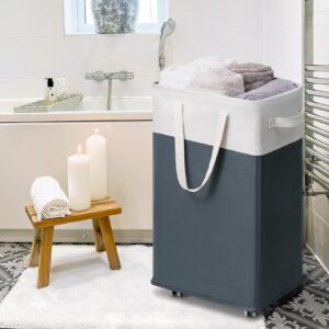 Goodpick Laundry Basket with Wheels, 75L Collapsible Tall Laundry Hamper, Large Laundry Basket with Removable Wash Bag for Corner Dorm, Rolling Slim Laundry Basket on Wheels, Grey&White