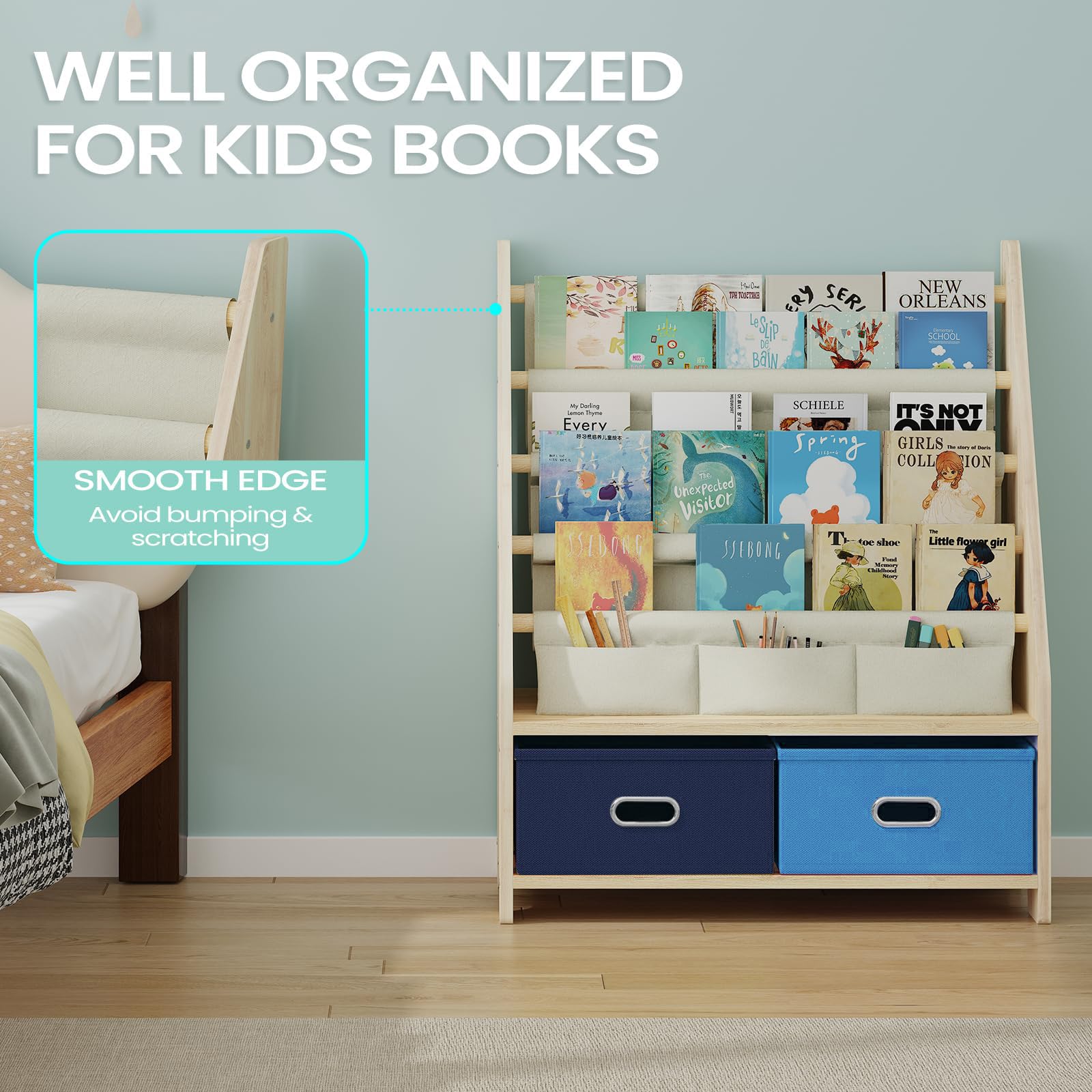 EXPERLAM 4 Tier Kids Book Shelf, Wooden Kids Book Rack Storage Bookshelf with Toy Storage Organizer, Toddler Sling Bookshelf for Boys, Girls, Kids Room, Blue