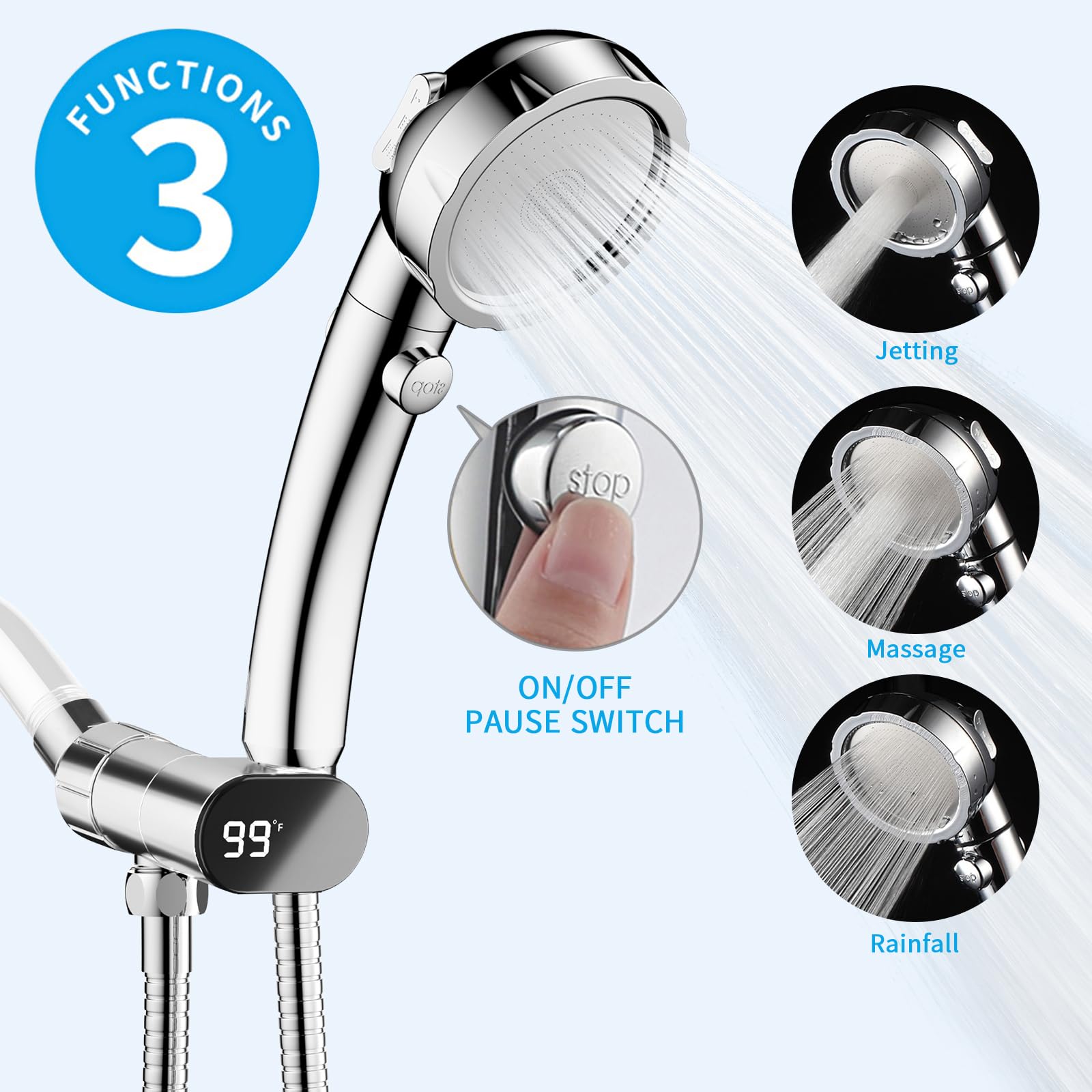 KAIYING High Pressure Shower Heads with Shower Thermometer, 3 Spray Hand Held Shower Head with On Off Switch, Detachable RV Shower with Hose and LED Temperature Display Bracket, Chrome