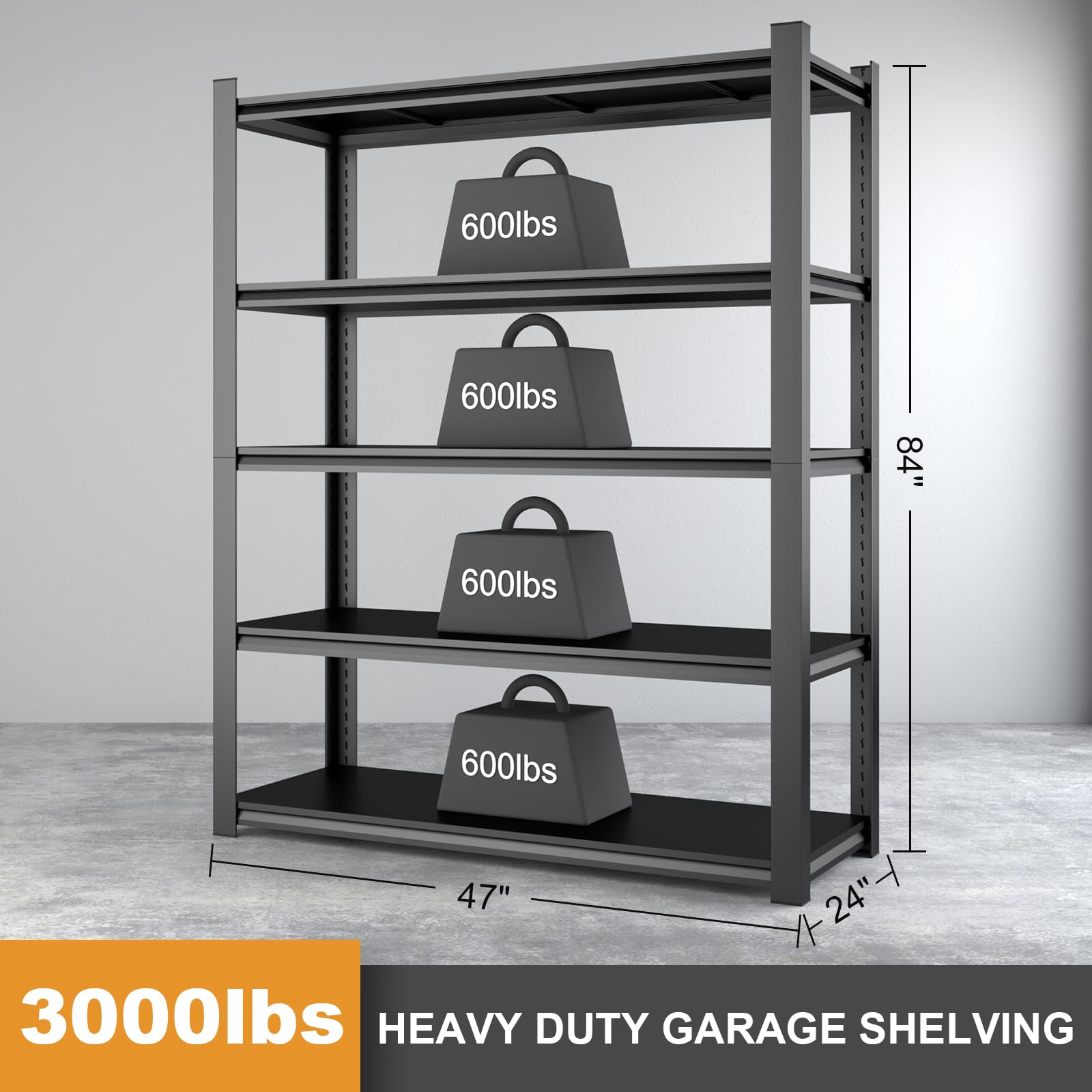 STEELIST 3000LBS Garage Shelves, 48W Metal Shelves for Storage, 5-Tier Shelving Unit with Adjustable Shelves, 24" D X 47.2" W X 84" H Industrial Shelving Utility Shelf for Warehouse, Basement