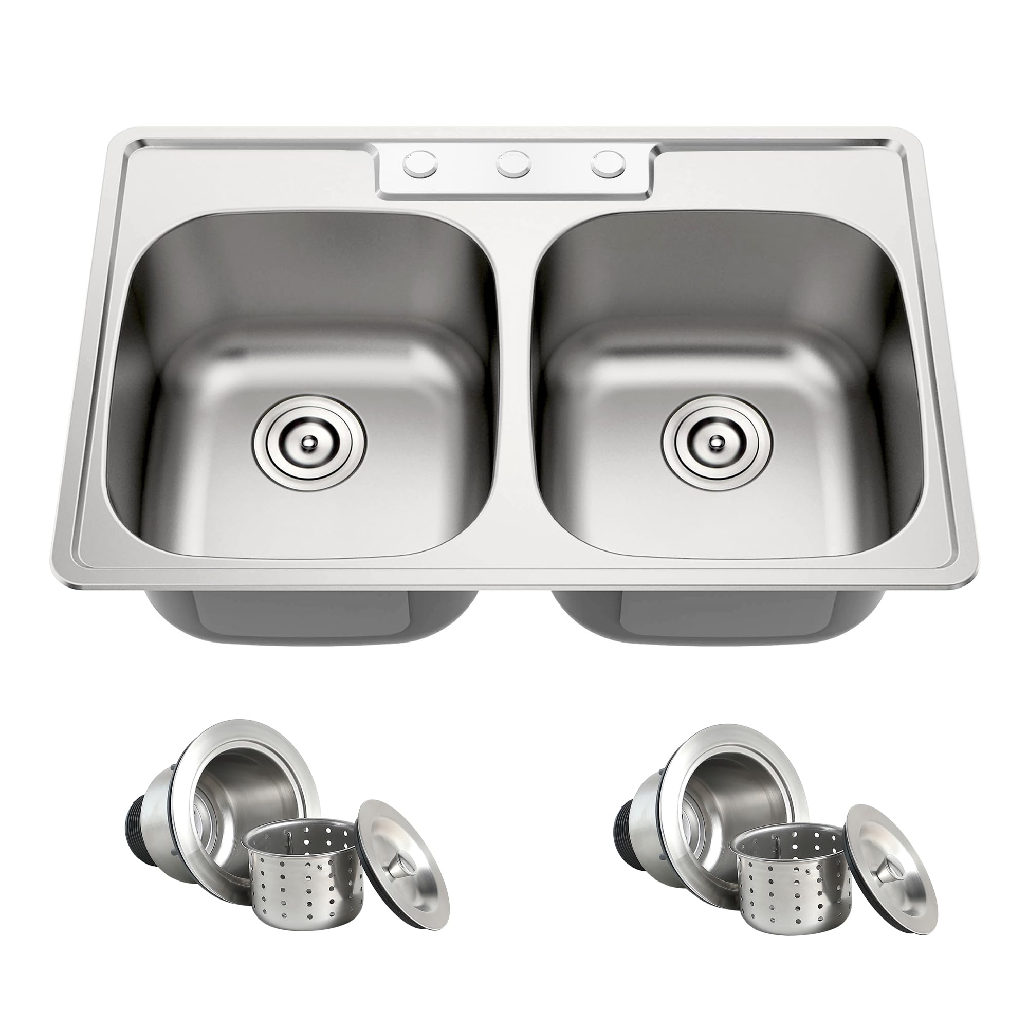 Blenzia 33 Inch Double Bowl Kitchen Sink Topmount 50/50 Drop In 18 Gauge 304 Stainless Steel Sinks with Basket Strainer 33” x 22” x 9”