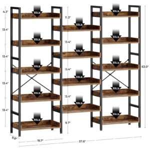 Rolanstar Bookshelf 5 Tiers with 4 Hooks, Triple Bookcase with Open Display Shelves, Industrial Wide Bookshelf with Metal Frame for Living Room, Office, Rustic Brown