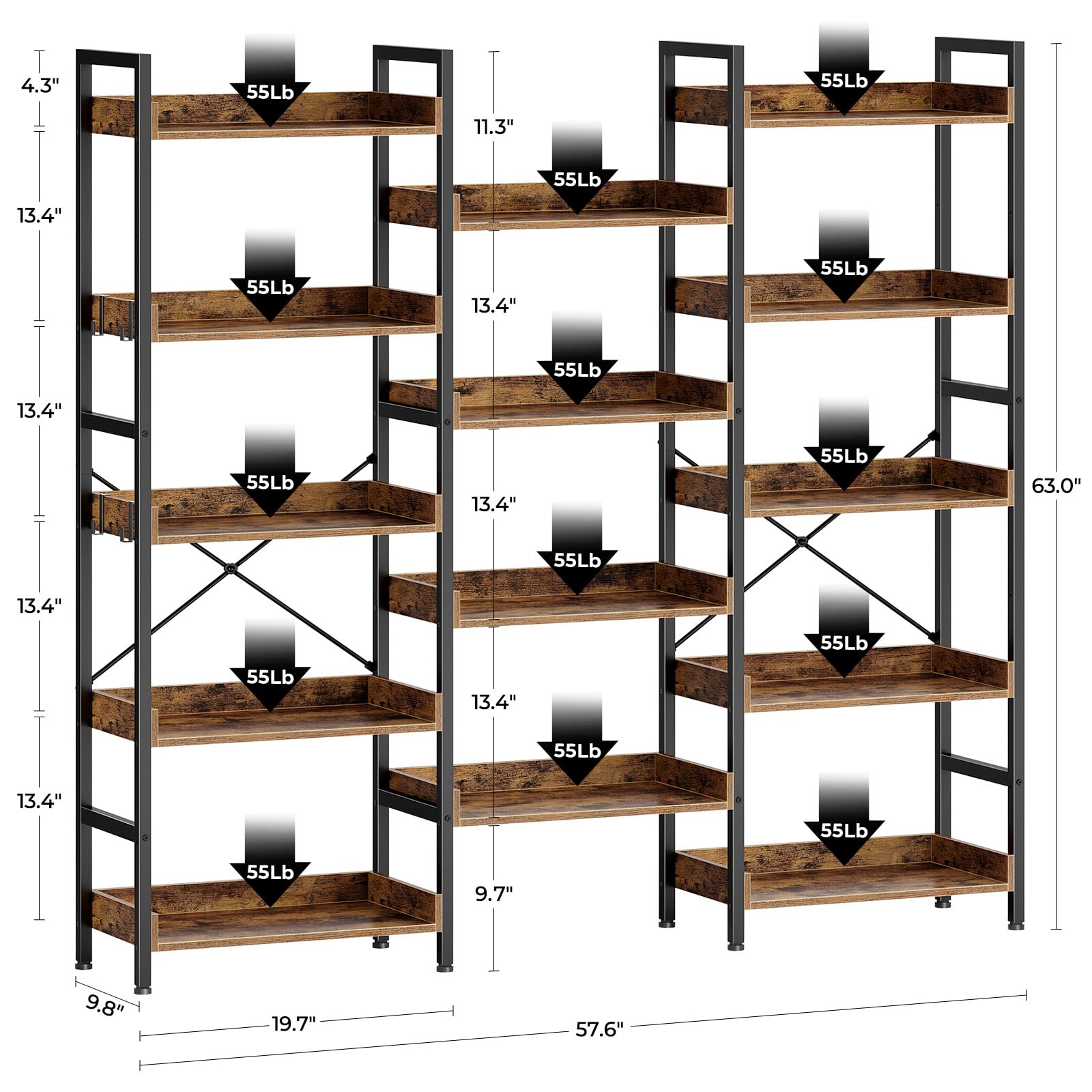 Rolanstar Bookshelf 5 Tiers with 4 Hooks, Triple Bookcase with Open Display Shelves, Industrial Wide Bookshelf with Metal Frame for Living Room, Office, Rustic Brown