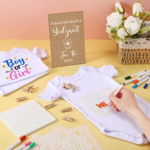 Panitay 126 Pcs DIY Baby Bodysuit Baby Shower Set Rustic Kraft Baby Shower Game Sign DIY Baby Bibs 25 Blank White Newborn Bodysuit 25 Fabric Marker 25 Stencils 24 Markers 1 Sign for Gender Reveal