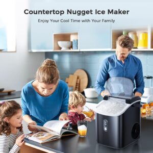 AGLUCKY Nugget Ice Maker Countertop,35lbs/24H,Portable Pebble Ice Machine with Handle,Self-Cleaning Function,Pellet Ice Maker for Home/Kitchen/Office(Black)