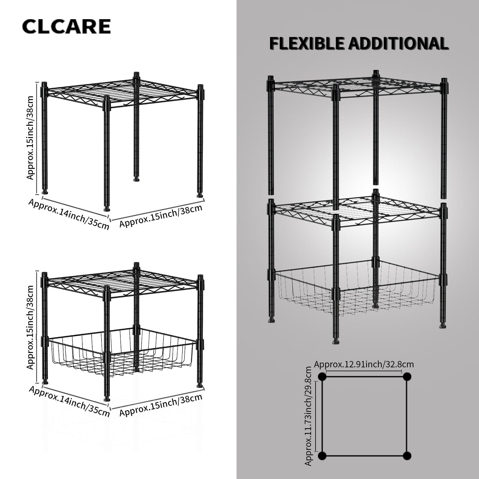 CLCARE Stacking Shelf Adjustable, Stackable & Expandable, Heavy Duty Storage Shelving Unit, Cabinet Organizer Shelf (Black-1-tier)