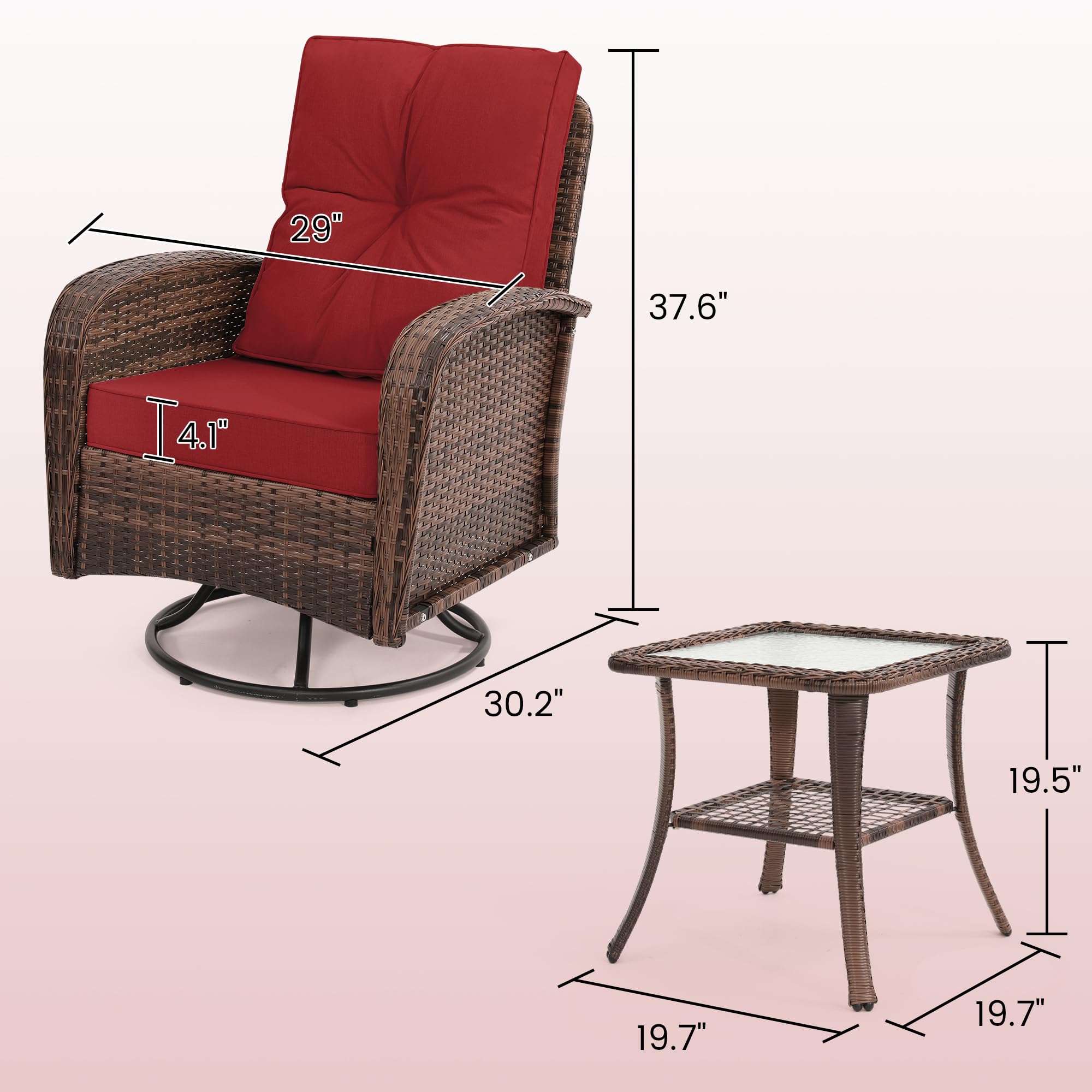 Kromax 3 Pieces Patio Furniture Set, Outdoor Swivel Glider Rocker, Wicker Patio Bistro Set with Rattan Rocking Chair, Glass Top Table with Thick Cushions for Porch Deck, Brown Rattan and Red Cushion