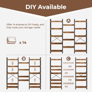 Rolanstar Bookshelf 5 Tiers with 4 Hooks, Triple Bookcase with Open Display Shelves, Industrial Wide Bookshelf with Metal Frame for Living Room, Office, Rustic Brown