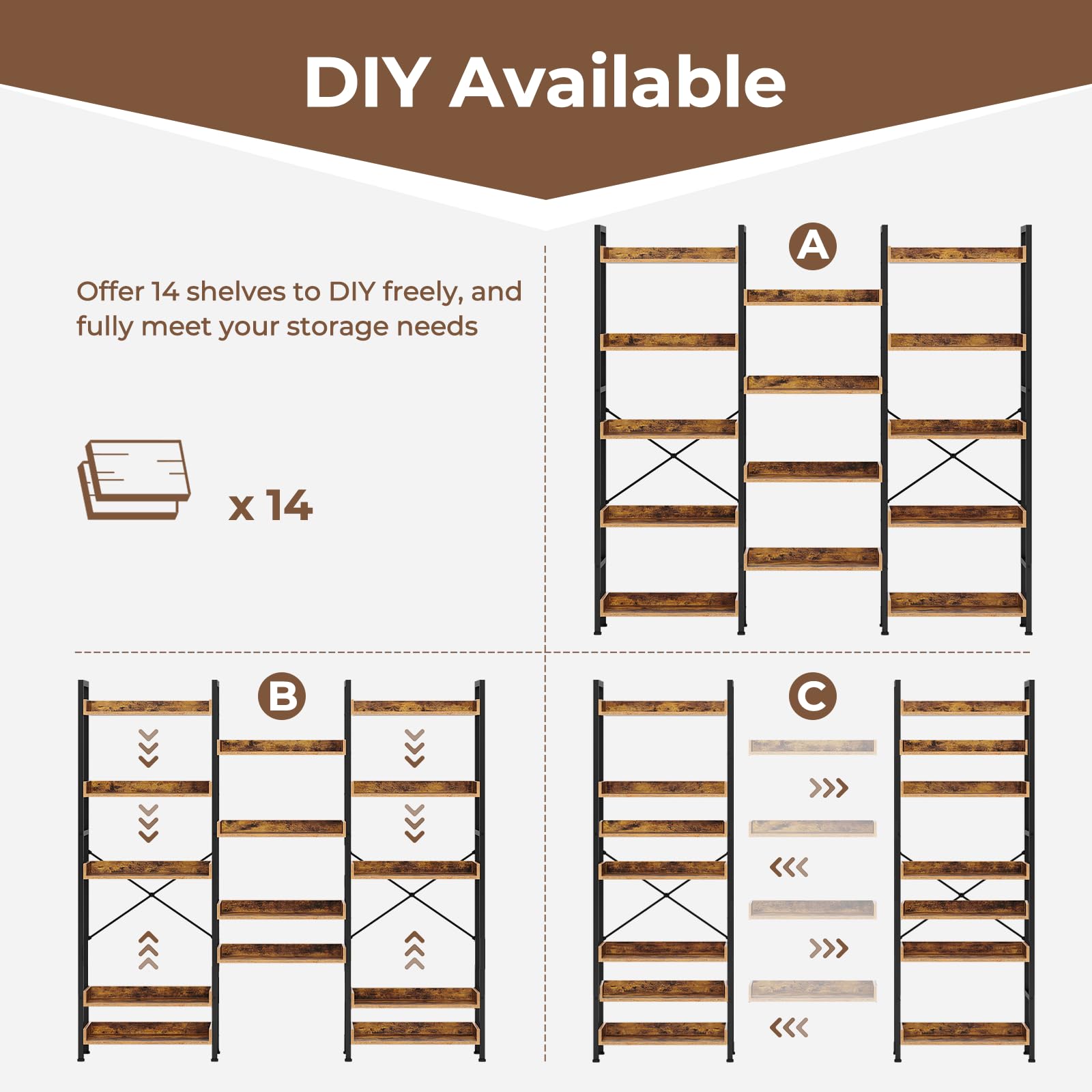 Rolanstar Bookshelf 5 Tiers with 4 Hooks, Triple Bookcase with Open Display Shelves, Industrial Wide Bookshelf with Metal Frame for Living Room, Office, Rustic Brown