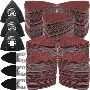 246pcs oscillating tool sanding pad kit, 3pcs triangle sanding pads and 3pcs finger sanding pad, 240pcs sandpaper, for wood/plaster polish sanding, & other surfaces, compatible with multiple tools