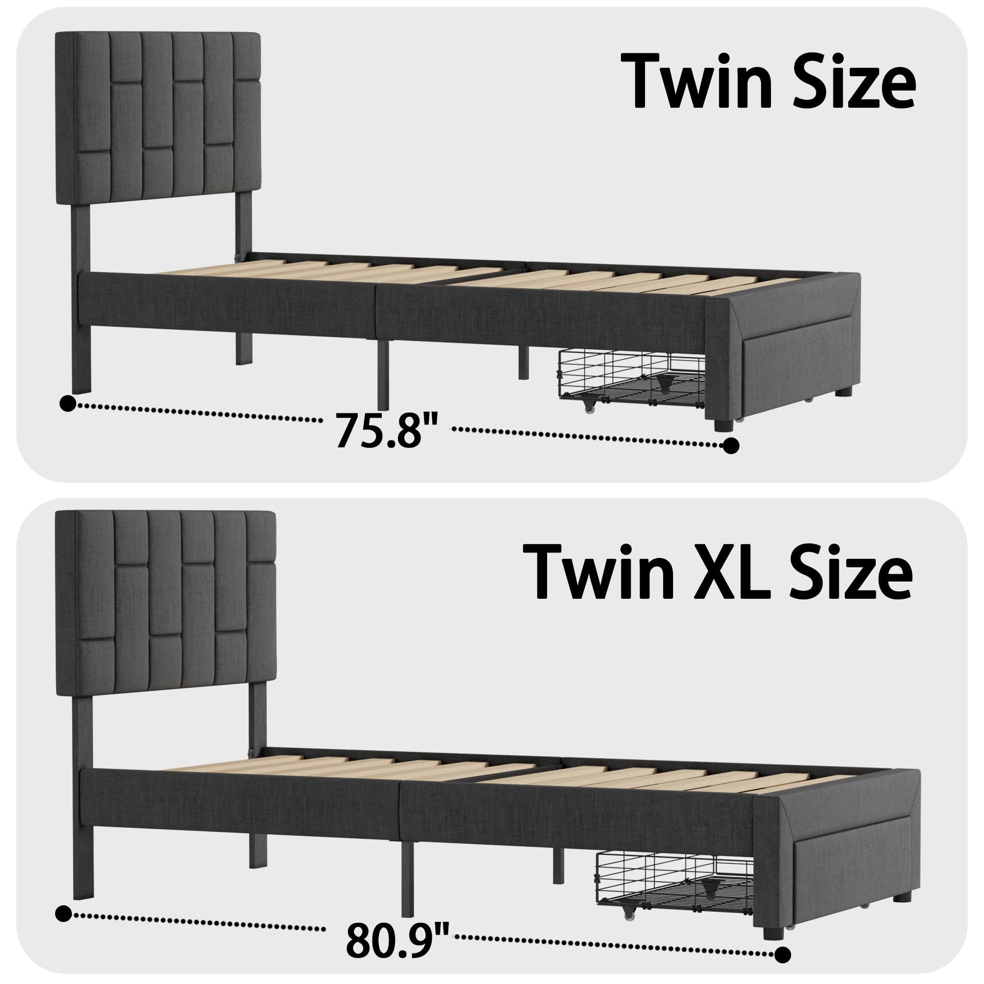 LIKIMIO Twin XL Bed Frame with Under-Bed Drawer, Platform Upholstered Bed with Headboard, No Box Spring Needed/Noise-Free, Grey