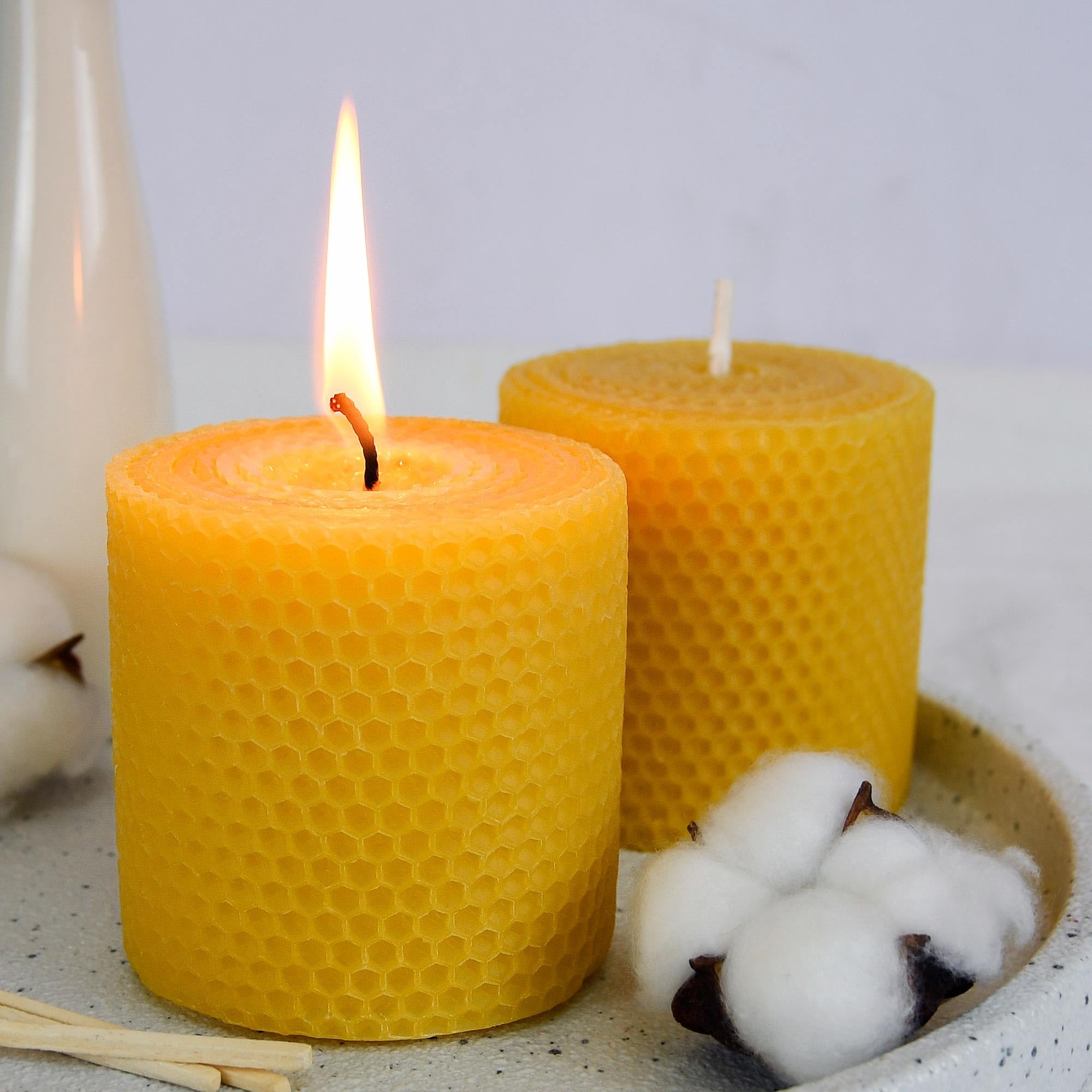 Beeswax Pillar Candles, 3x3 in Hand-Rolled Honeycomb Candle 2 Pack - Dripless and Smokeless, Approx 12 Hours Burn Time for Home Decor Party Wedding Dinner