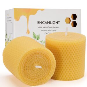 Beeswax Pillar Candles, 3x3 in Hand-Rolled Honeycomb Candle 2 Pack - Dripless and Smokeless, Approx 12 Hours Burn Time for Home Decor Party Wedding Dinner