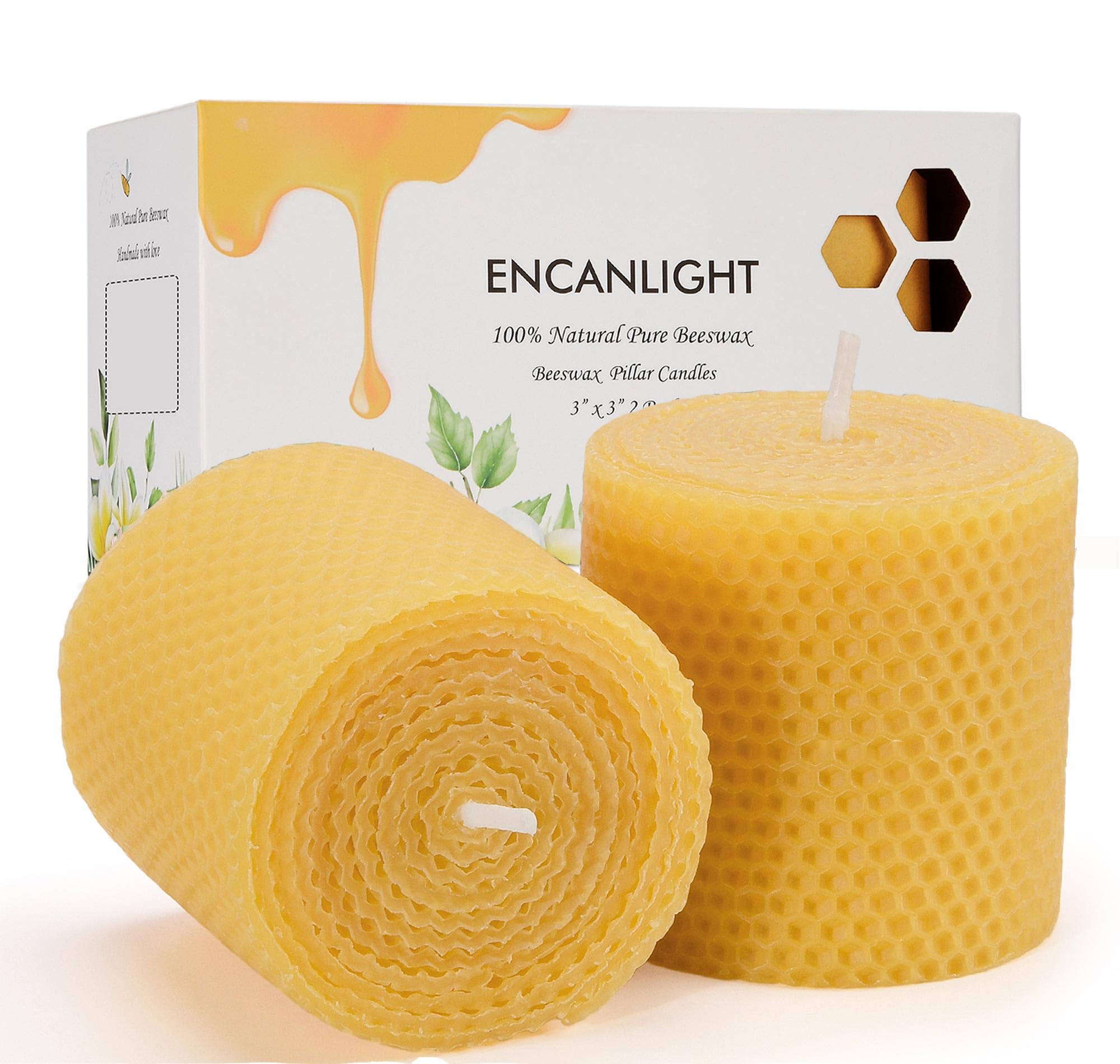 Beeswax Pillar Candles, 3x3 in Hand-Rolled Honeycomb Candle 2 Pack - Dripless and Smokeless, Approx 12 Hours Burn Time for Home Decor Party Wedding Dinner