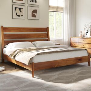 AMERLIFE King Size Solid Wood Bed Frame, Mid Century Platform Bed with Reclining Slatted Headboard, Wood Slat Support,No Box Spring Needed, Noise Free, Light Brown