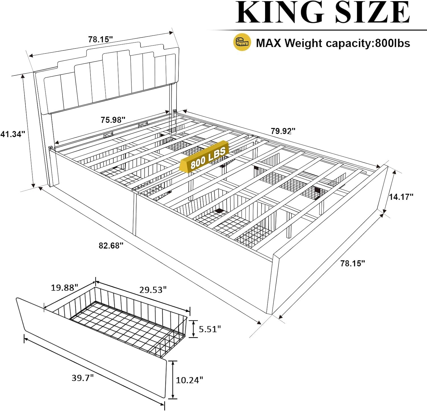 Kallabe King Size Bed Frame with 4 Storage Drawers, Upholstered Platform Bed with LED Light and Adjustable Headboard, Wooden Slats Support, No Box Spring Needed, Light Luxury Design，Dark Green