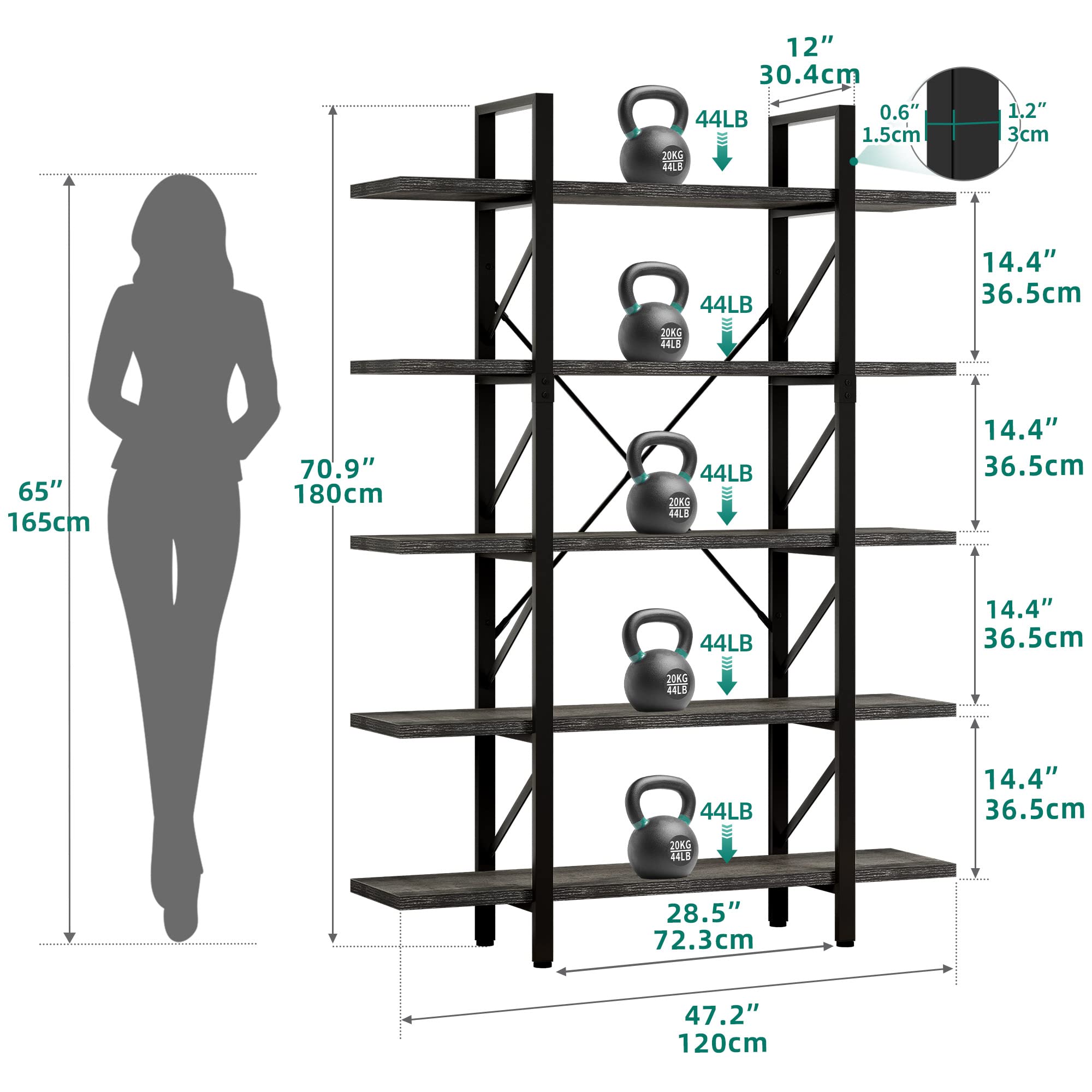 YITAHOME 5 Tier Bookshelf, 70.9" Tall Industrial Bookcase, Wide Open Display Storage Book Shelf for Living Room/Bedroom/Home/Office, Charcoal Gray