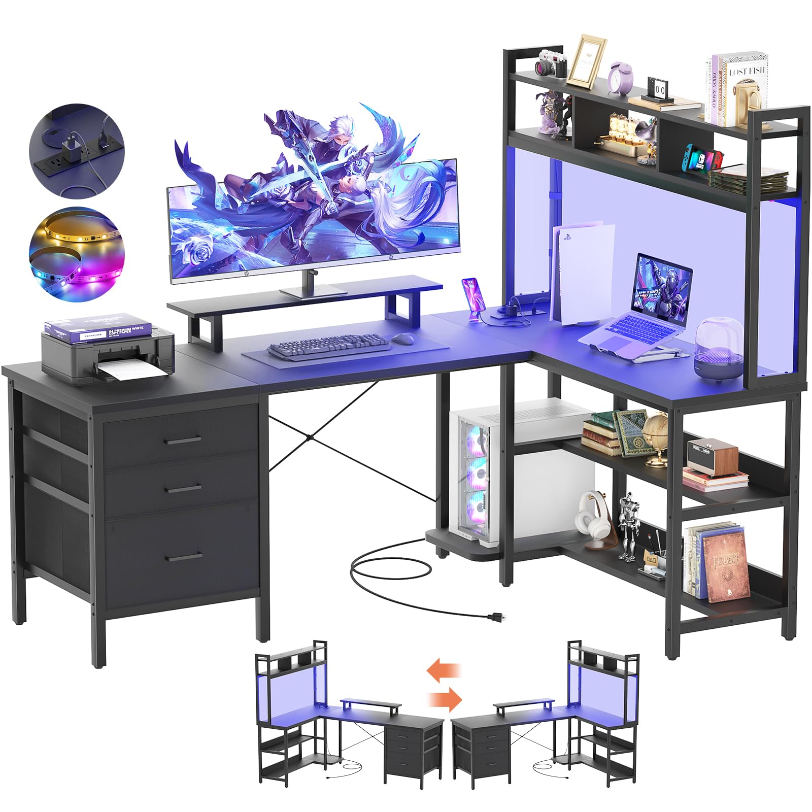 Aheaplus L Shaped Desk with Hutch, Gaming Desk with Led Lights, Reversible Computer Desk with Power Outlet, Corner Desk with File Drawer & Monitor Stand, Storage Shelves for Home Office, Black