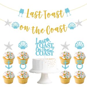 last toast on the coast bachelorette decorations - last toast on the coast banner cake cupcake toppers, bachelorette party banner garland blue for bridal shower decorations party supplies