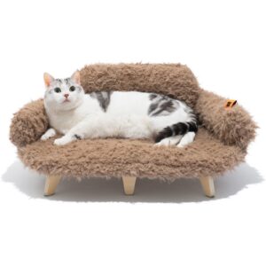 MEWOOFUN Removable Washable Cover Cat Bed - 26"x18.3"x8.5" Elevated Wooden Pet Sofa for Cats & Small to Medium Dogs, Modern Pet Furniture (Brown)