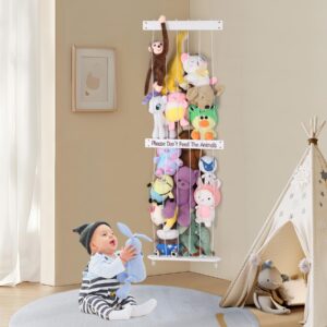 Stuffed Animal Storage Soft Toy Organizer, Kids Room Stuffed Animal Holder Zoo with Adjustable Length Large Corner Plush Toy Shelf Wall Hanging Storage for Nursery Playroom Bedroom (White Cord)