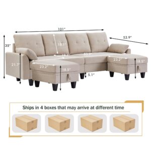 Convertible Sectional Sofa U Shape Sectional Couch with Double Reversible Ottoman Chaise Polyester Fibre 4 Seat Couches for Living Room, Beige