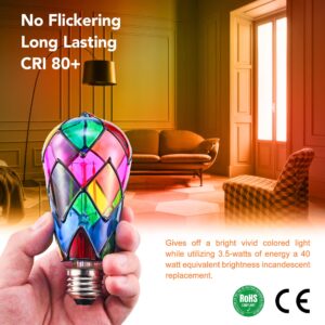 Tidorlou 2 Pack Stained Glass LED Light Bulb, Dimmable E26 Medium Base, A60/ ST64 3.5W LED Bulb for Home Party, Balcony, Garden, Christmas Decoration (ST65)