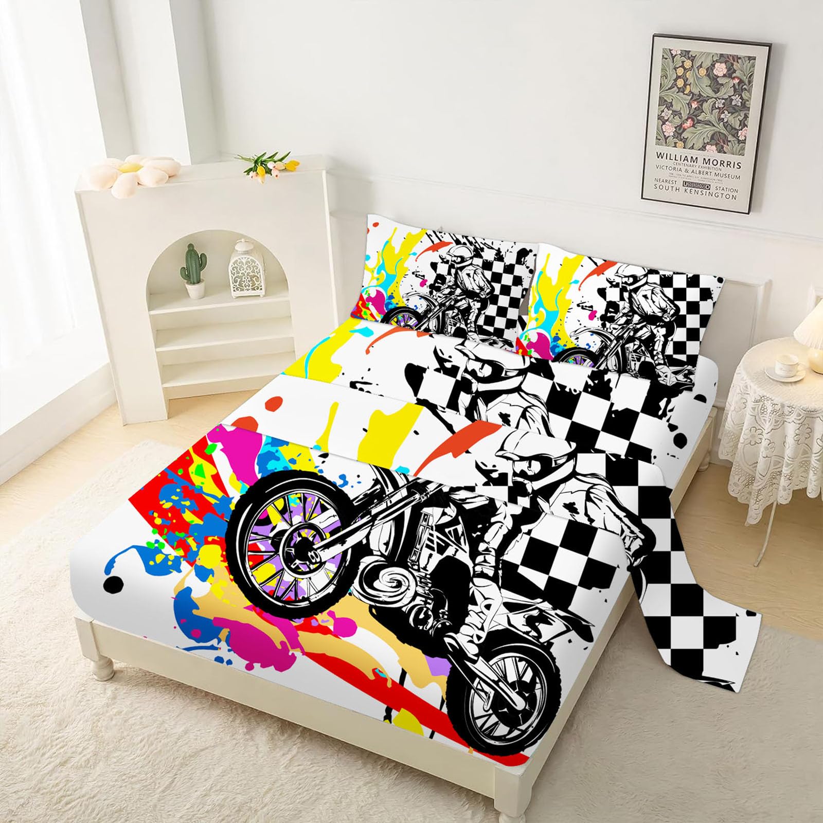 VTKON Sports Twin Kids Sheets Set for Boys Soft and Fluffy Motocross Bedding Set Breathable Motorcycle Decor for Boys Bed Set Kids Tie Dye Bedding Set with 1 Flat Sheet, 1 Fitted Sheet & 1 Pillowcase