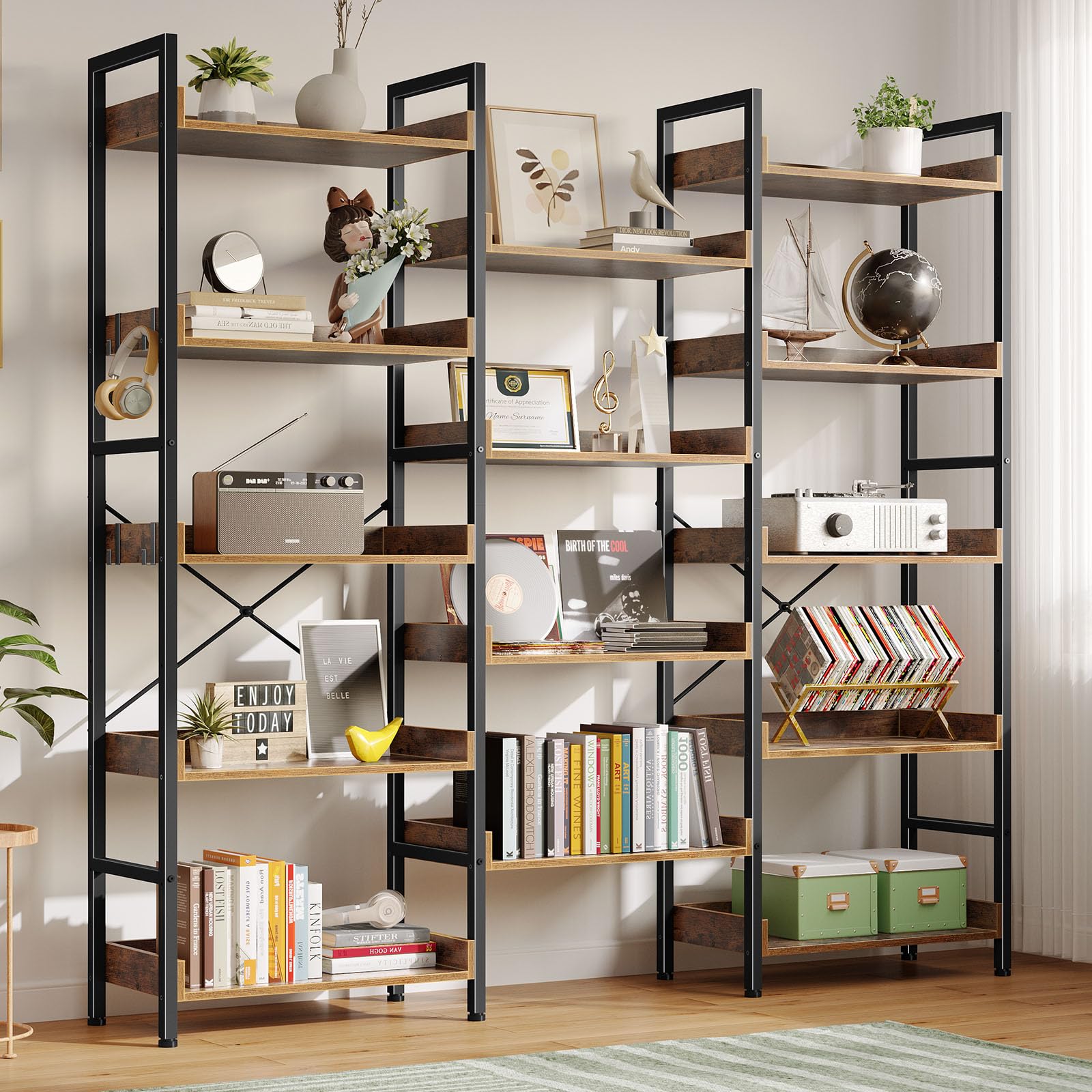 Rolanstar Bookshelf 5 Tiers with 4 Hooks, Triple Bookcase with Open Display Shelves, Industrial Wide Bookshelf with Metal Frame for Living Room, Office, Rustic Brown