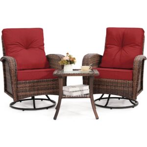 kromax 3 pieces patio furniture set, outdoor swivel glider rocker, wicker patio bistro set with rattan rocking chair, glass top table with thick cushions for porch deck, brown rattan and red cushion