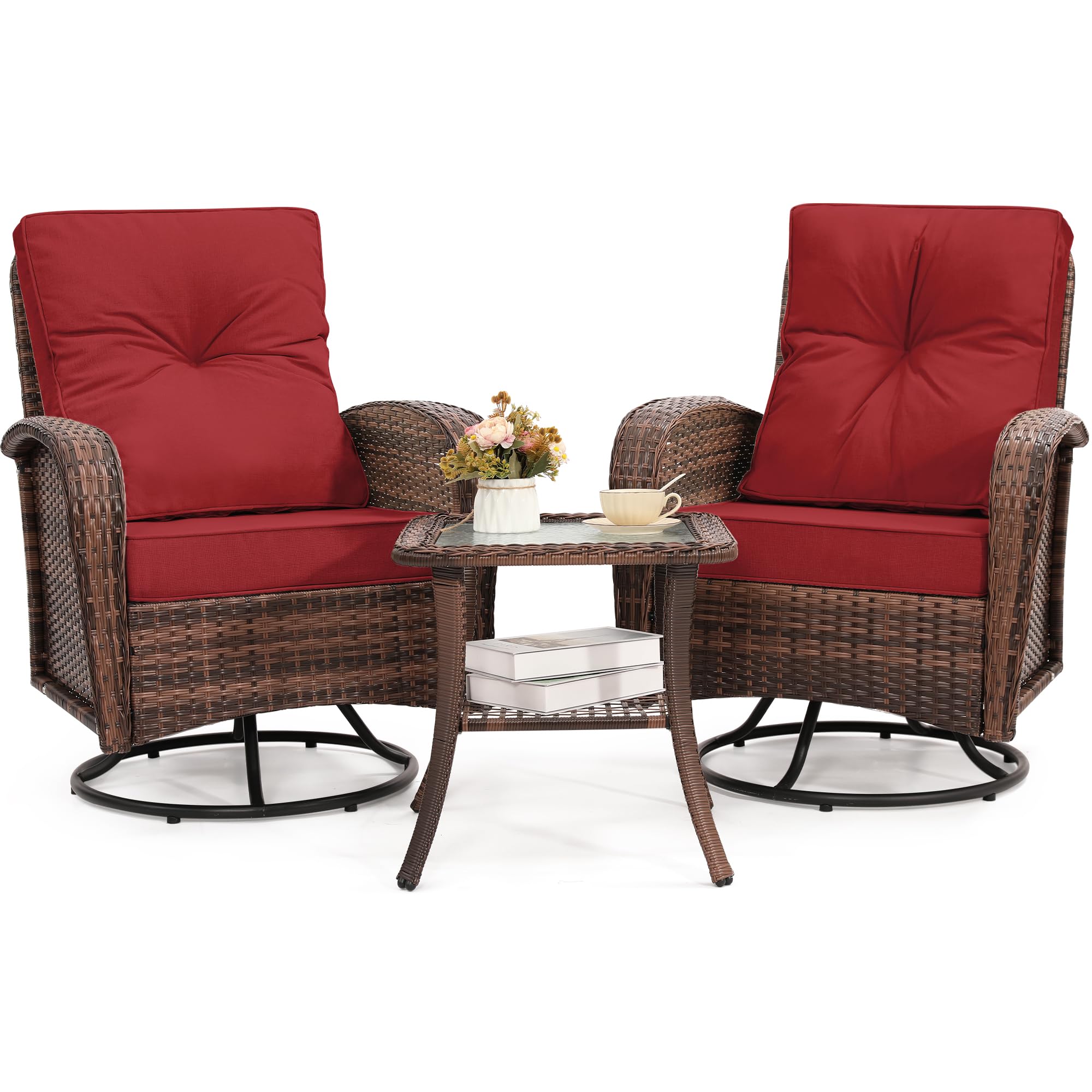 Kromax 3 Pieces Patio Furniture Set, Outdoor Swivel Glider Rocker, Wicker Patio Bistro Set with Rattan Rocking Chair, Glass Top Table with Thick Cushions for Porch Deck, Brown Rattan and Red Cushion