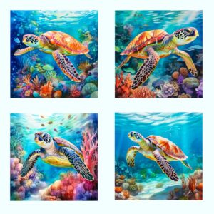 4 piece 6"x6" sea turtles fabric panel squares - quilting sewing blocks