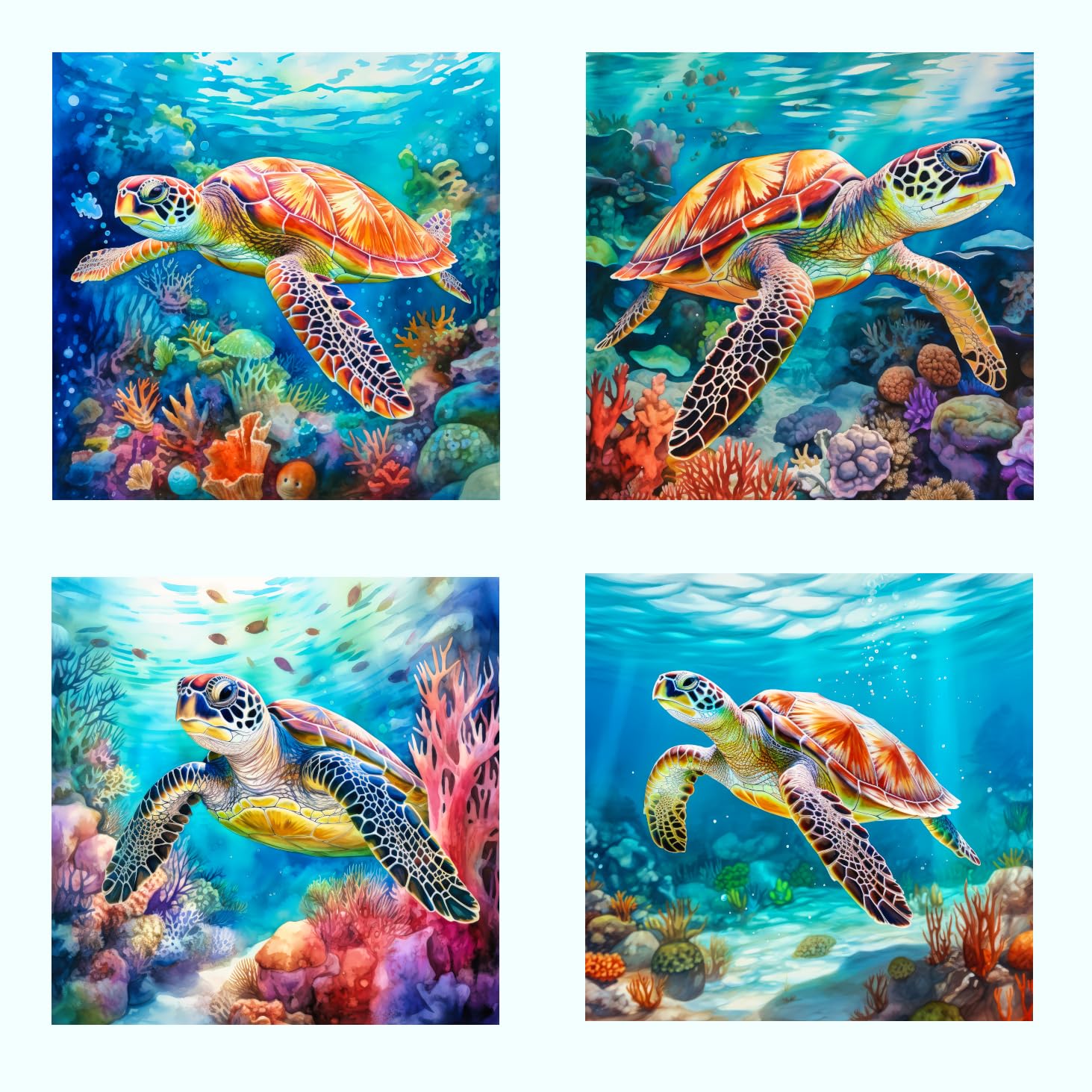 4 Piece 6"x6" Sea Turtles Fabric Panel Squares - Quilting Sewing Blocks