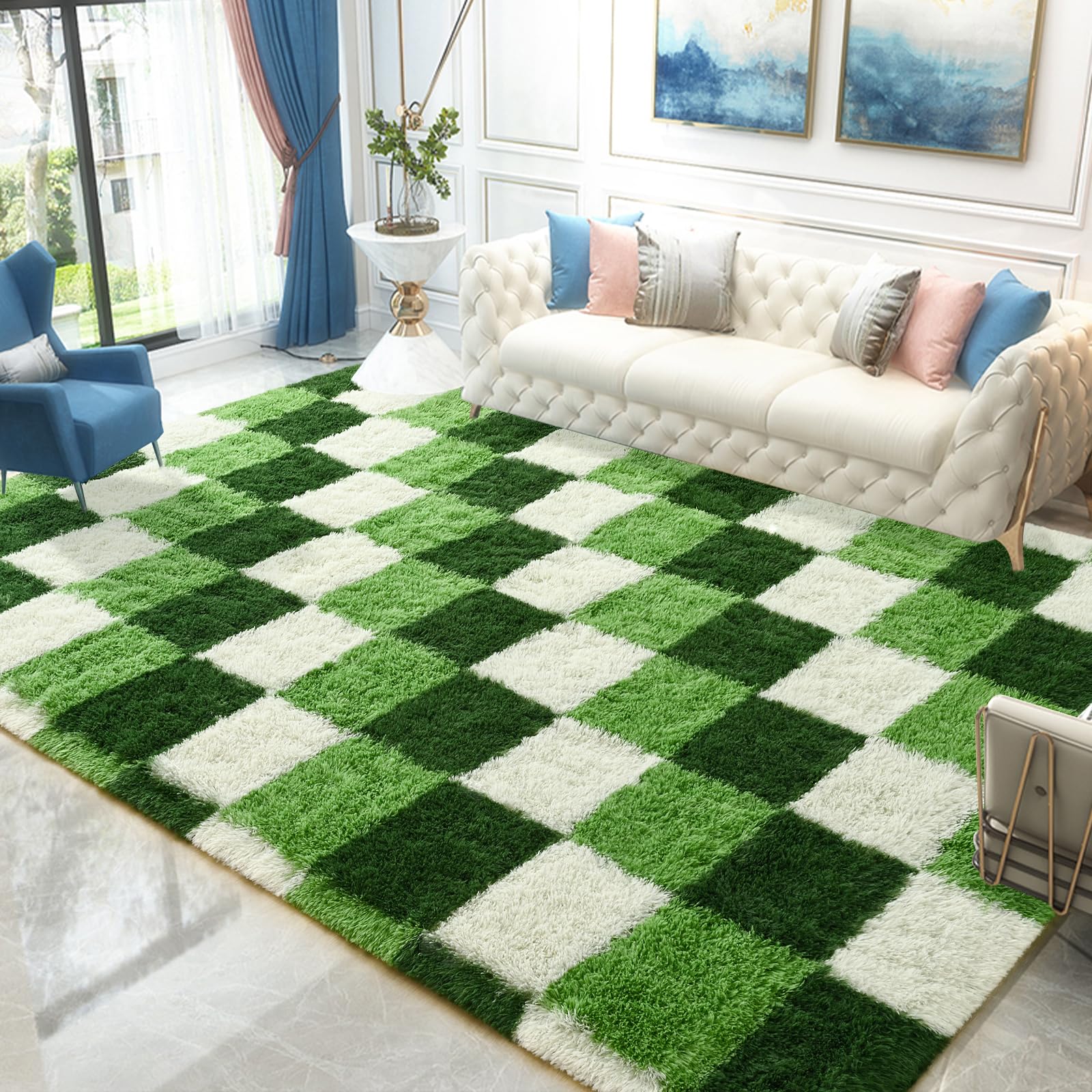 Zedrew Shag Area Rug, 4x6 ft Deep Green White Fluffy Rugs for Bedroom Living room, Soft Shaggy Modern Indoor Carpets, Cute Plush Rugs for Kids Girls Room Nursery, High Pile Throw Rug for Home Decor