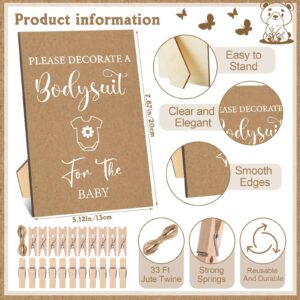 Panitay 126 Pcs DIY Baby Bodysuit Baby Shower Set Rustic Kraft Baby Shower Game Sign DIY Baby Bibs 25 Blank White Newborn Bodysuit 25 Fabric Marker 25 Stencils 24 Markers 1 Sign for Gender Reveal