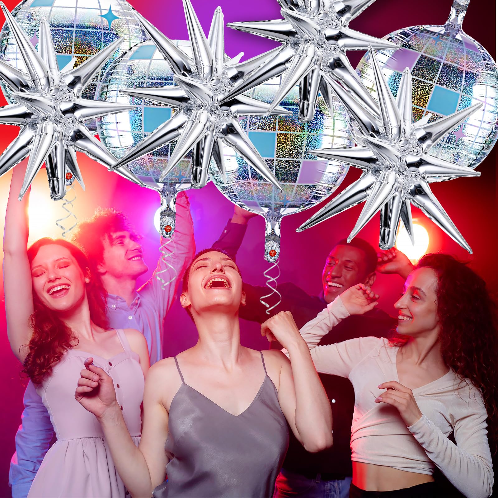 8 Pcs Disco Ball Ballons, Silver Last Disco Balloons 22Inch 4D Large Foil Balloons with Metallic Star for 70s Disco Dance Birthday Party Graduation New Year Decoration