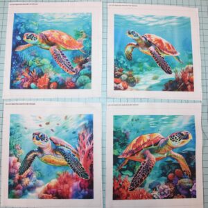 4 Piece 6"x6" Sea Turtles Fabric Panel Squares - Quilting Sewing Blocks