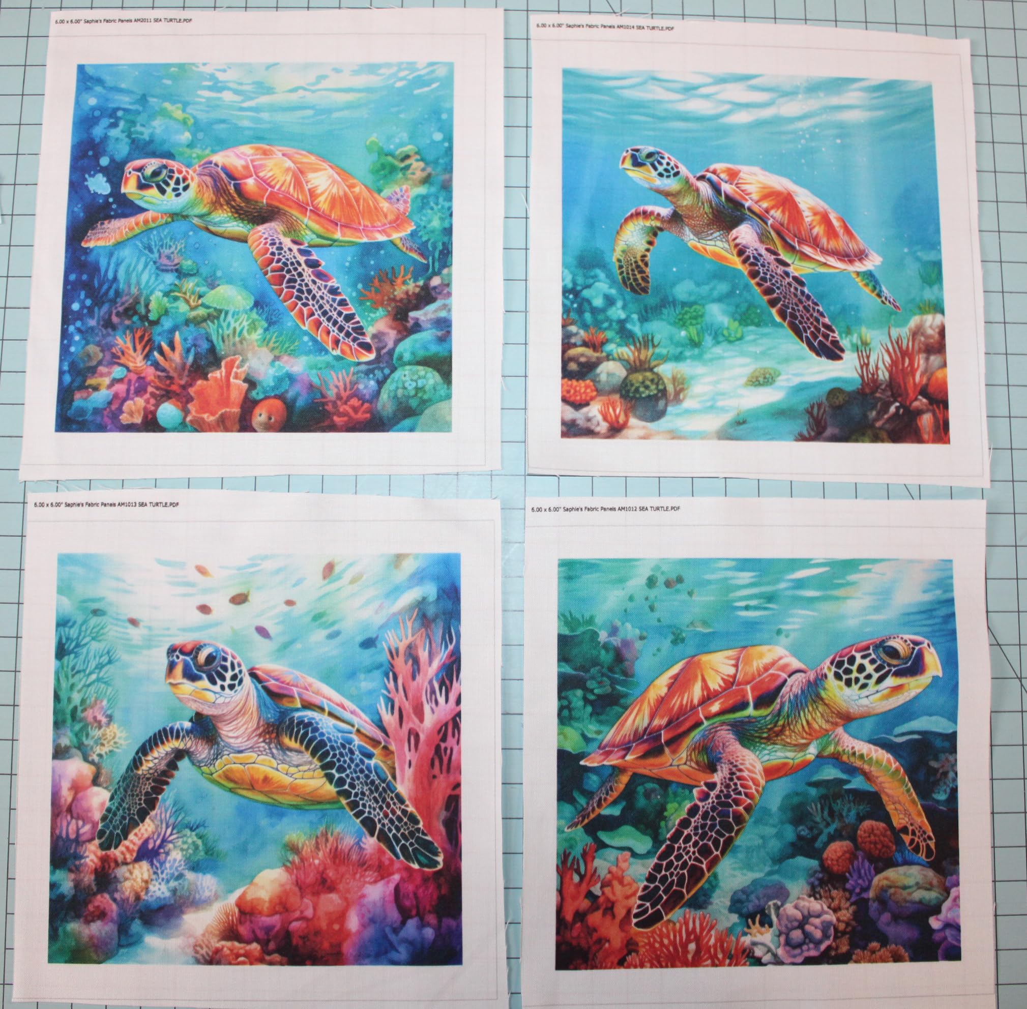 4 Piece 6"x6" Sea Turtles Fabric Panel Squares - Quilting Sewing Blocks