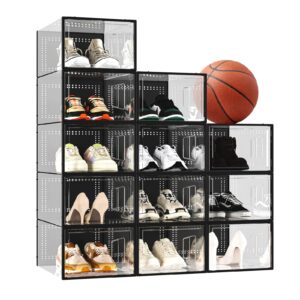 zzczz x-large shoe storage boxes 12 pack, shoe organizer for closet, clear plastic substitute shoe rack foldable durable, fit for women/men high-top shoes, black