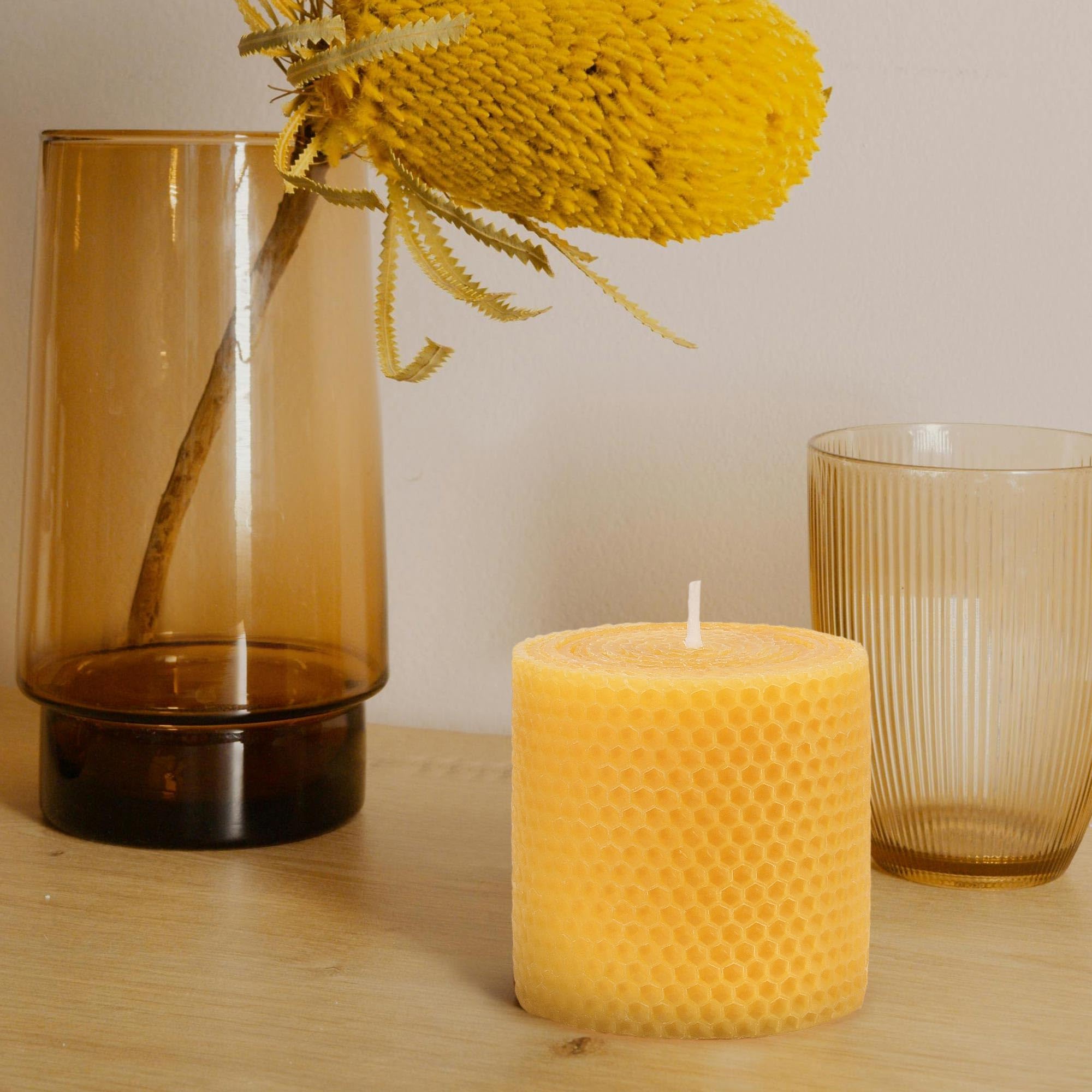 Beeswax Pillar Candles, 3x3 in Hand-Rolled Honeycomb Candle 2 Pack - Dripless and Smokeless, Approx 12 Hours Burn Time for Home Decor Party Wedding Dinner