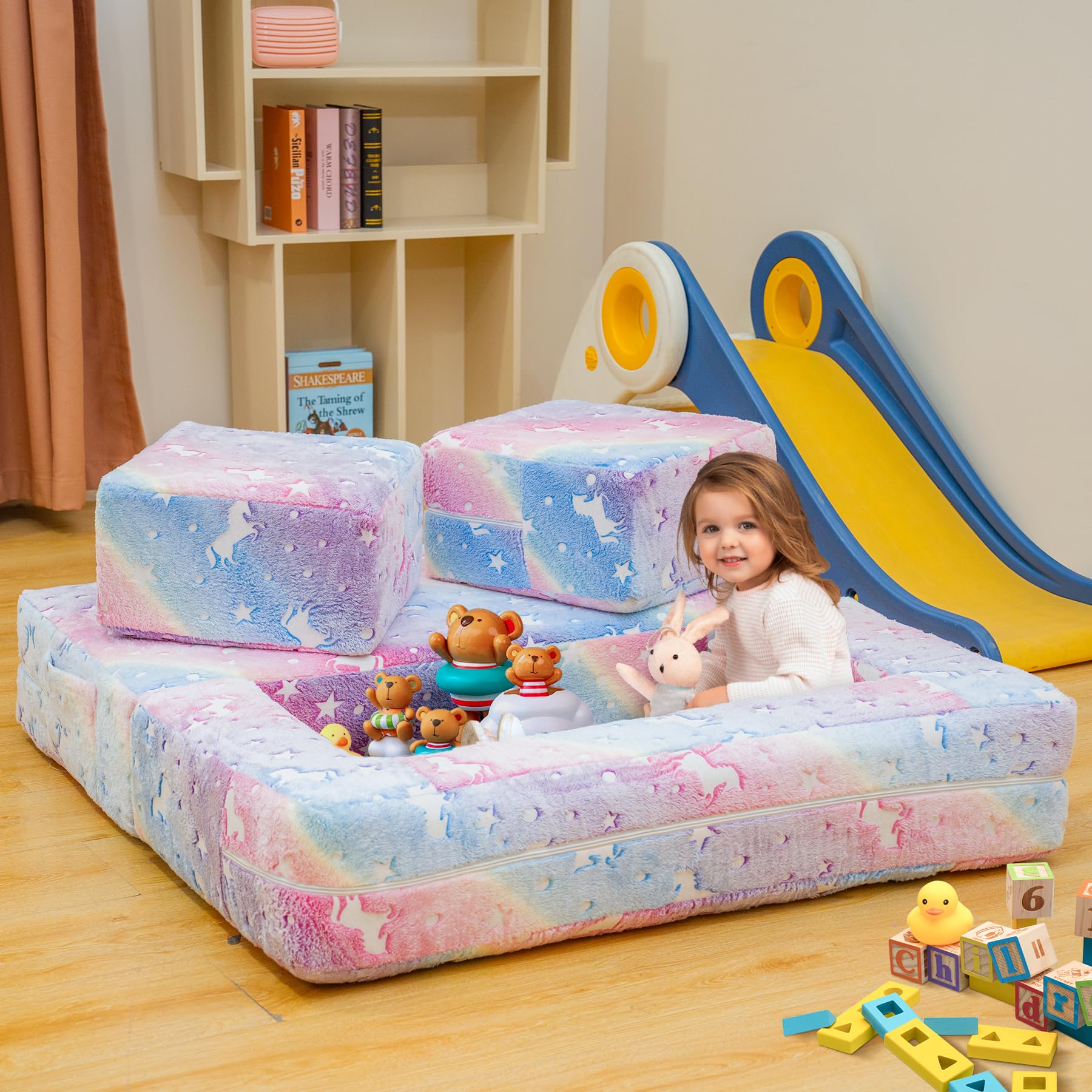 furlinkhm Modular Kids Play Couch,Glow in The Dark Kids Play Couch Toddler Couch,Nugget Couch for Kids,Convertible Baby Fold Out Play Foam and Floor Cushion for Bedroom and Playroom(Rainbow+Unicorn)