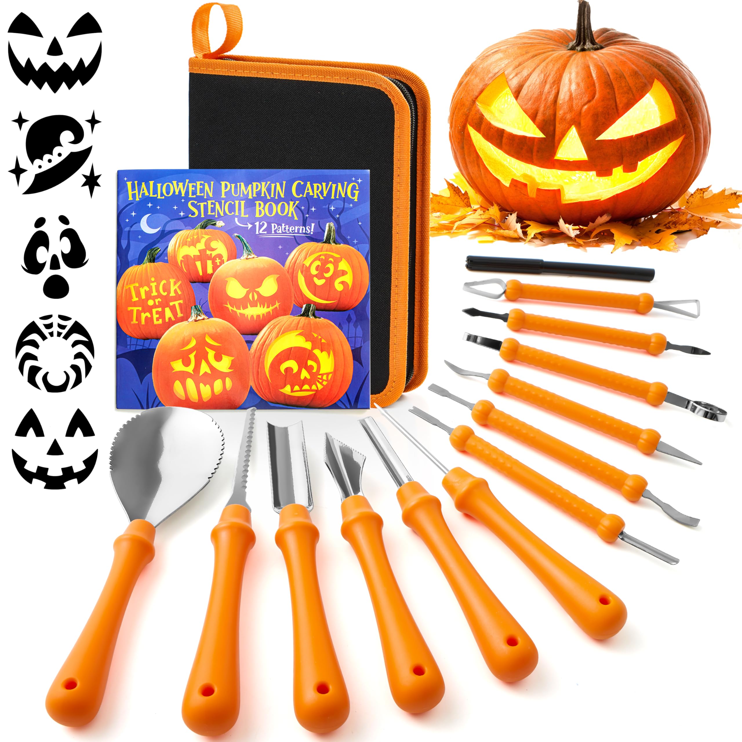 JOYIN 14 Pcs Halloween Pumpkin Carving Kit, Professional Carving Set with Handbag, 12 Stencils, Stainless Steel Double-side Sculpting Tools for Jack-o-Lantern DIY Kids Party Decoration Craft Supplies